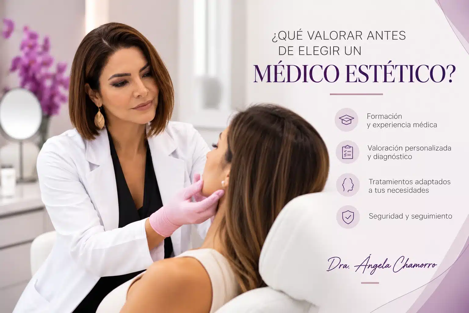 Dra. Ángela Chamorro realizando una valoración facial personalizada a una paciente en su consulta de medicina estética en Torrejón de Ardoz.